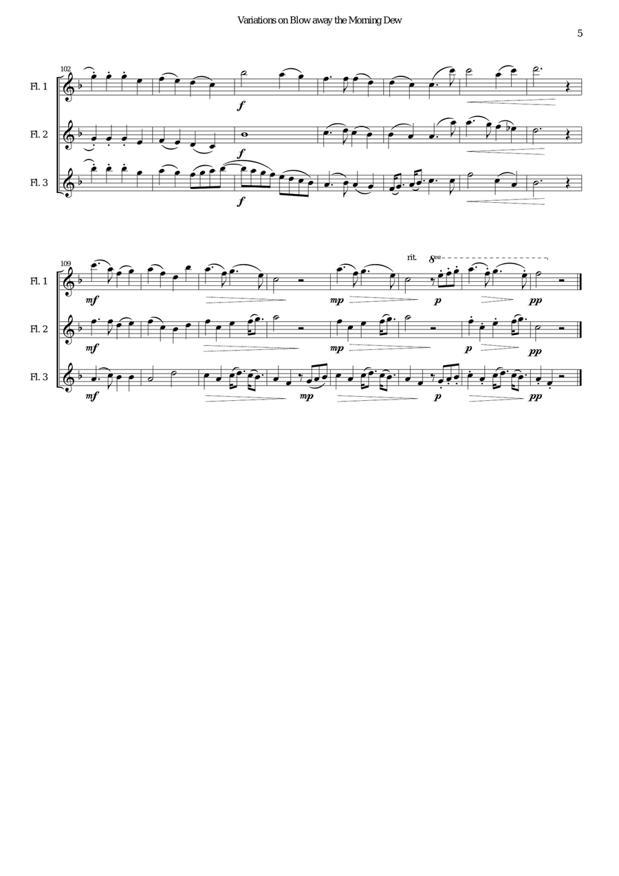 Variations on Blow away the morning dew for flute trio (3 C flutes) Flute Solo scores gallery preview page 5