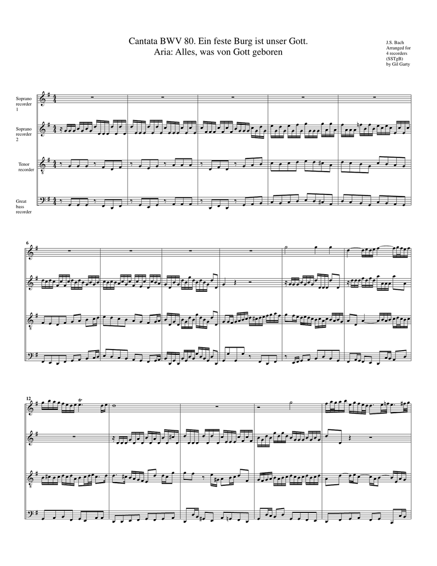 Aria: Alles, was von Gott geboren from Cantata BWV 80 (arrangement for 4 recorders)