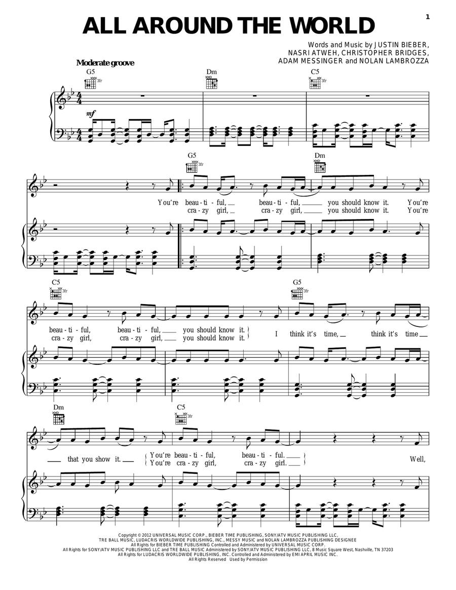 All Around The World All Around The World Piano, Vocal, Guitar scores gallery preview page 1