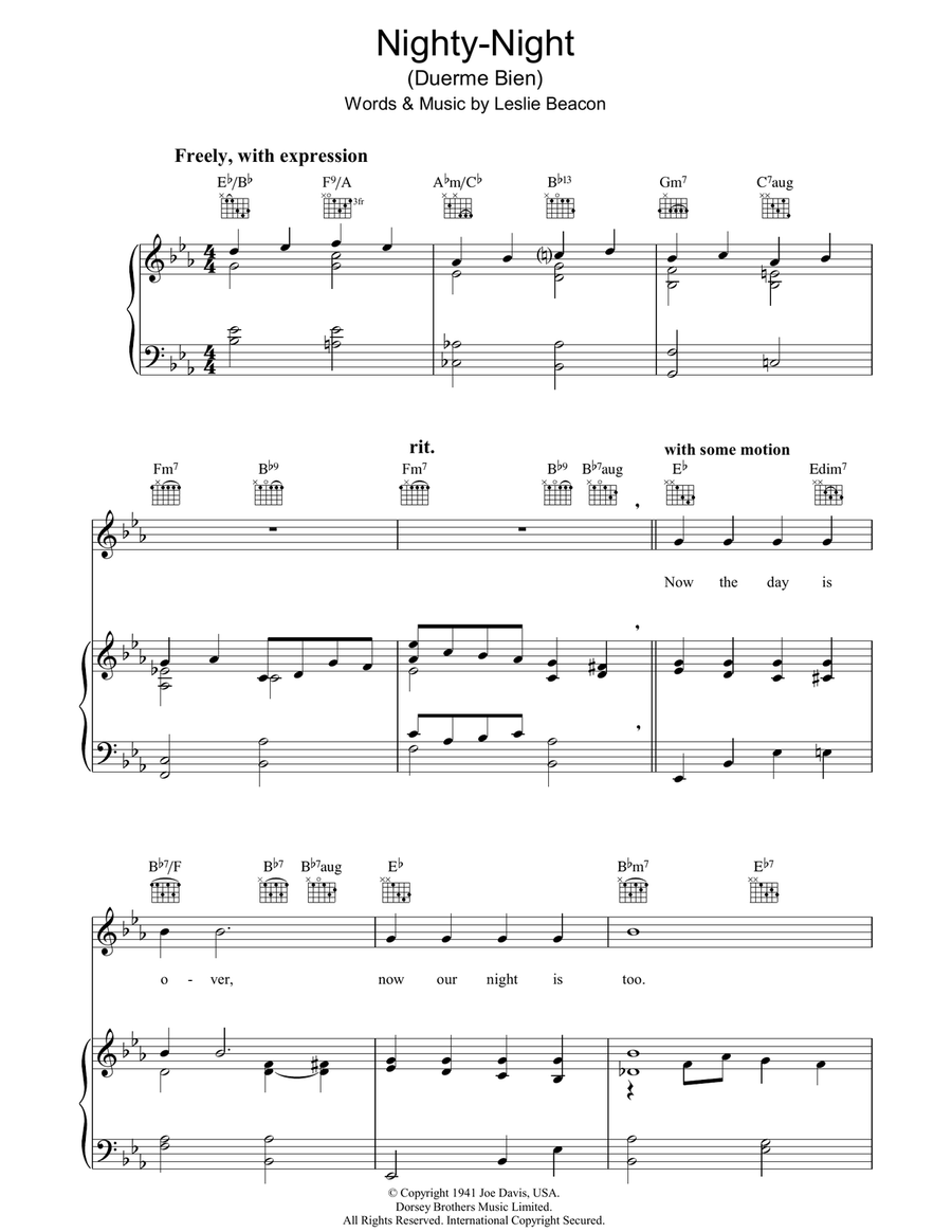 Nighty-Night (Duerme Bien) Piano, Vocal, Guitar scores gallery preview page 1