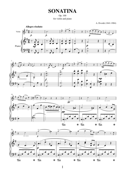 Sonatina in G major Op.100 by Antonin Dvorak for violin and piano