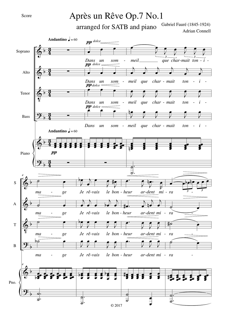 Faure Apres un Reve Op.7 No.1 arranged for SATB choir and piano (or organ) 4-Part scores gallery preview page 1