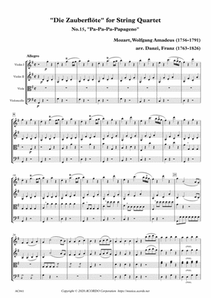 Book cover for "Die Zauberflöte" for String Quartet, No.15, "Pa-Pa-Pa-Papageno"