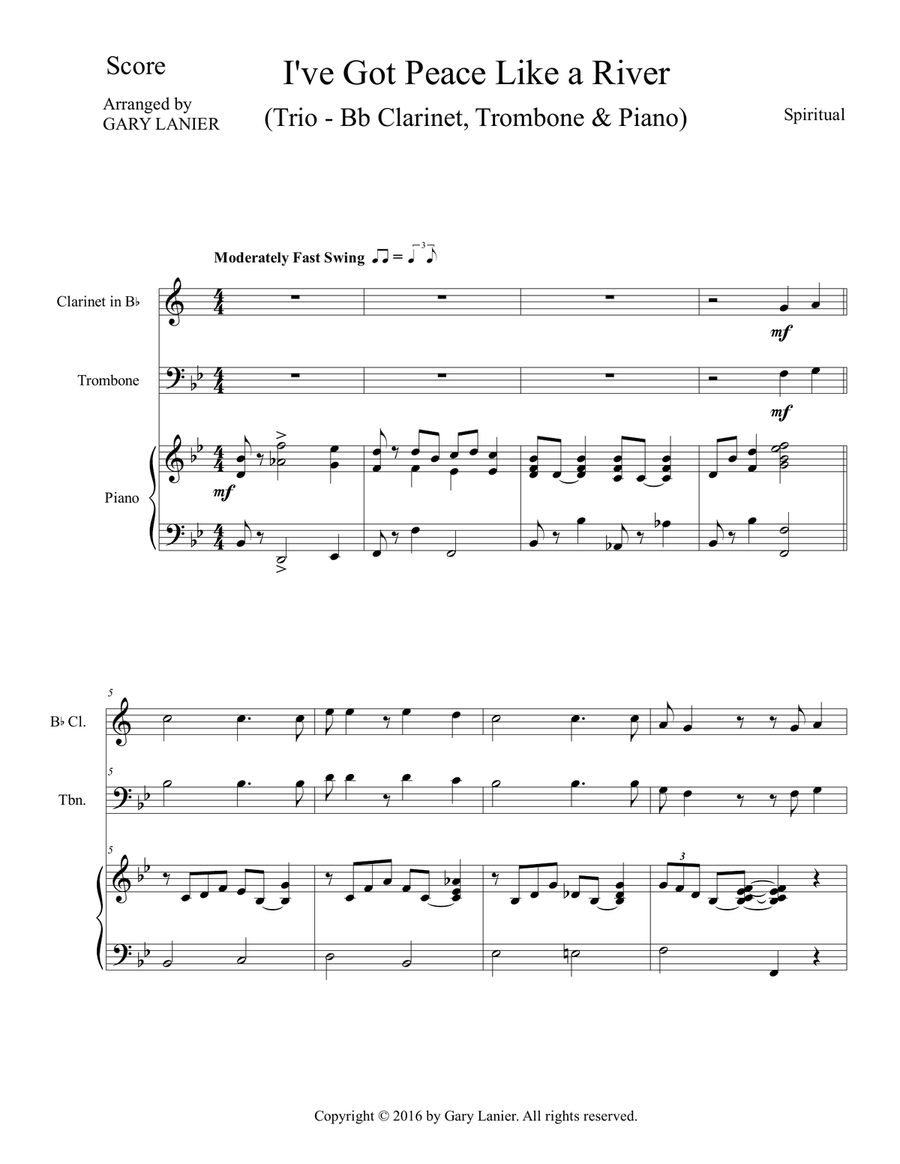 Gary Lanier: I'VE GOT PEACE LIKE A RIVER (Trio – Bb Clarinet, Trombone & Piano with Parts) Trombone Trio scores gallery preview page 2