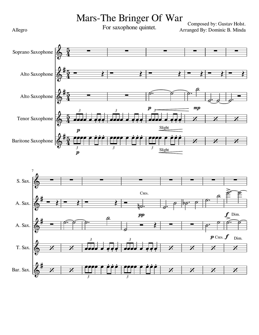 Mars The Bringer Of War For Saxophone Quintet by Gustav Holst
