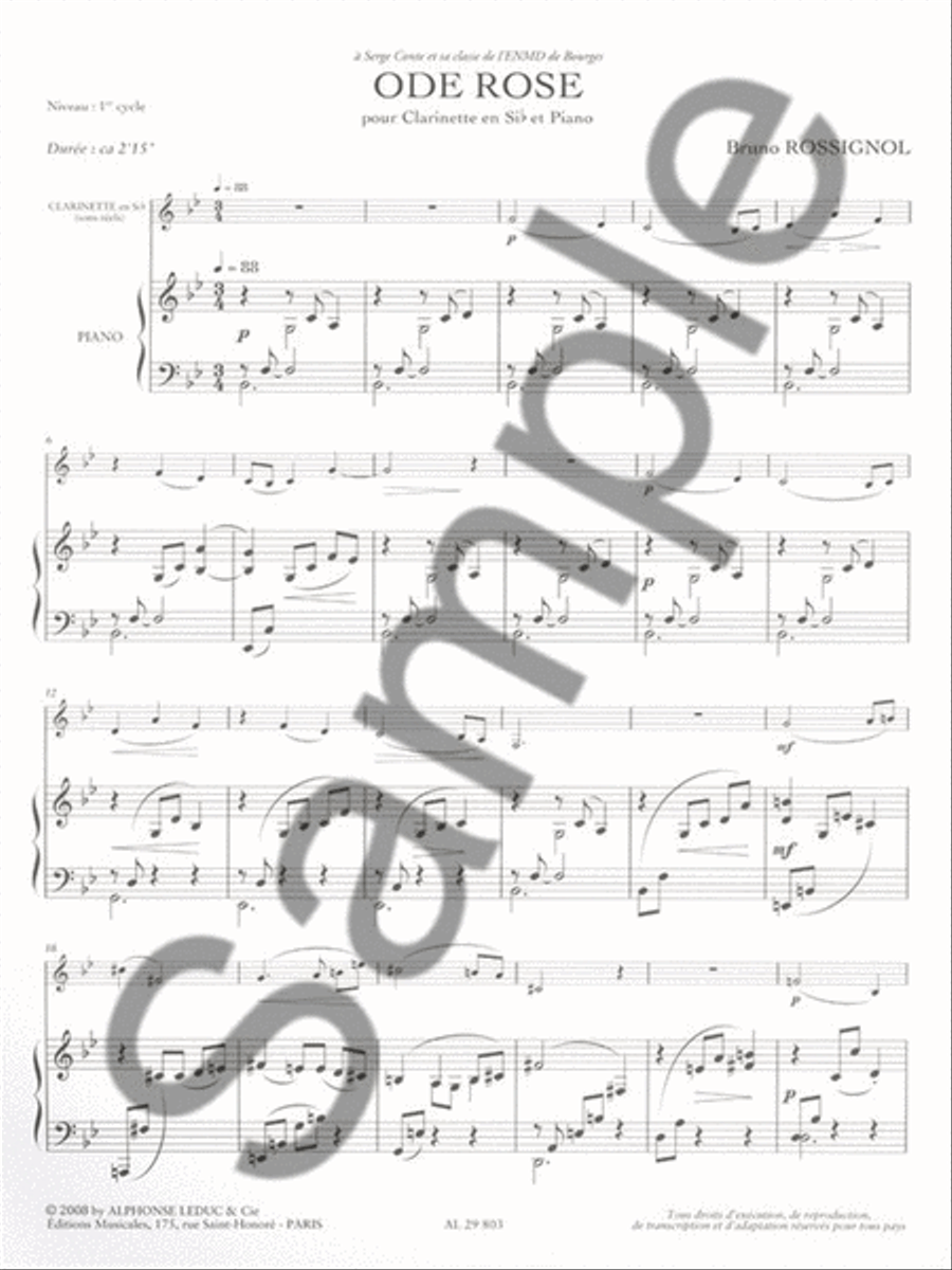 Ode Rose (2'15'') (cycle 1) Pour Clarinette Si B Et Piano Clarinet Solo scores gallery preview page 2