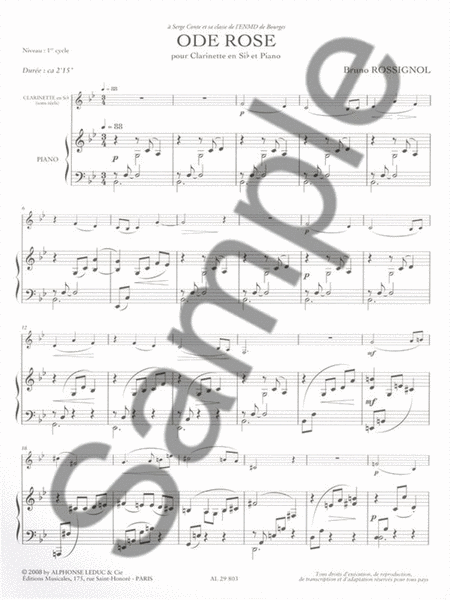 Ode Rose (2'15'') (cycle 1) Pour Clarinette Si B Et Piano