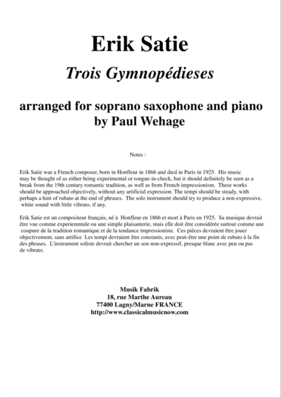 Erik Satie: Trois Gynopédies arranged for soprano saxophone and piano Soprano Saxophone scores gallery preview page 1