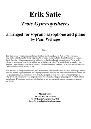 Book cover for Erik Satie: Trois Gynopédies arranged for soprano saxophone and piano