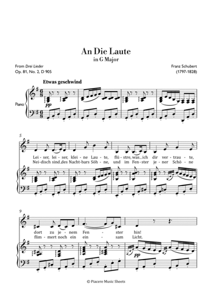 Schubert - An Die Laute for Alto Voice & Piano - Easy image number null