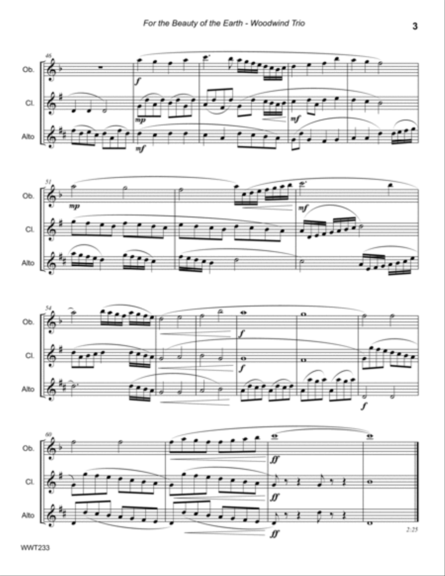 FOR THE BEAUTY OF THE EARTH - OBOE (Flute), CLARINET & ALTO SAX (unaccompanied) Woodwind Trio scores gallery preview page 3