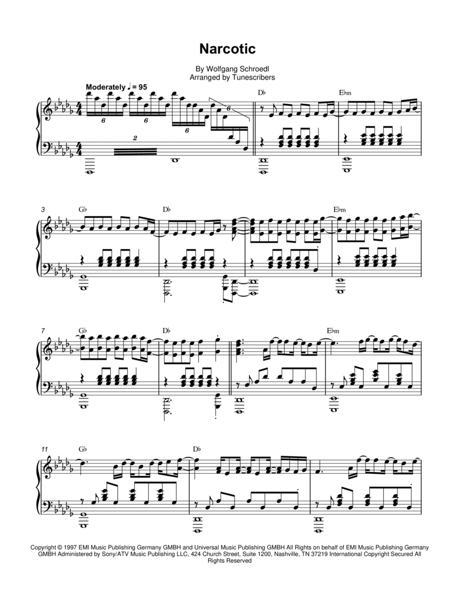 Narcotic Piano Solo scores gallery preview page 1