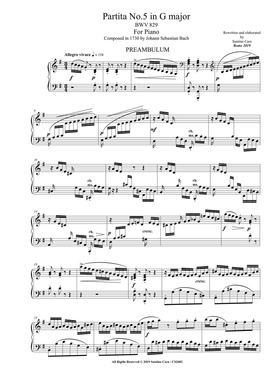 Bach - Partita No.5 in G major BWV 829 for Piano Piano Solo scores gallery preview page 1