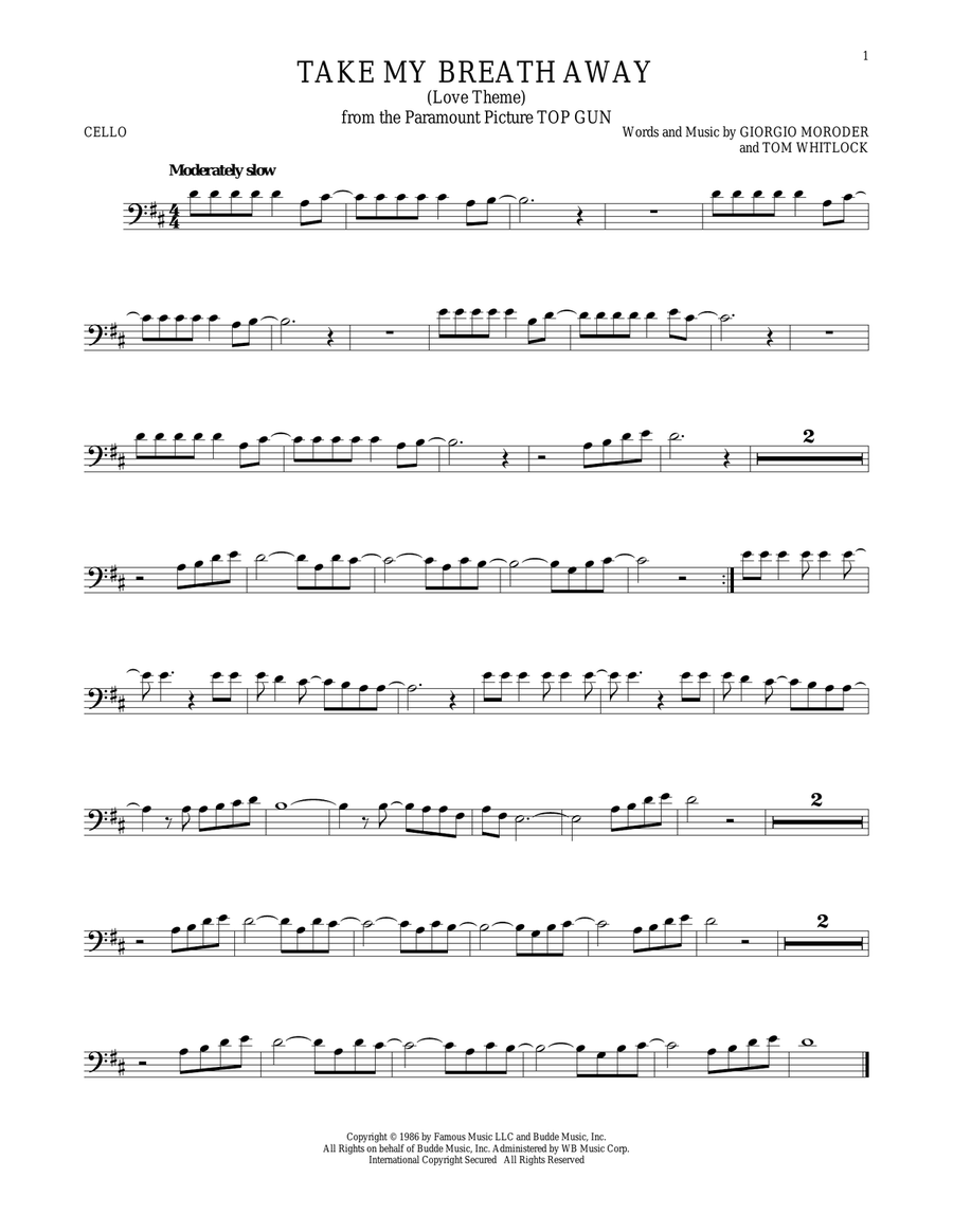 Take My Breath Away (Love Theme) Cello Solo scores gallery preview page 1