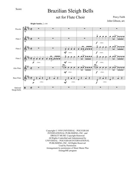 Brazilian Sleigh Bells by Percy Faith Piccolo - Digital Sheet Music