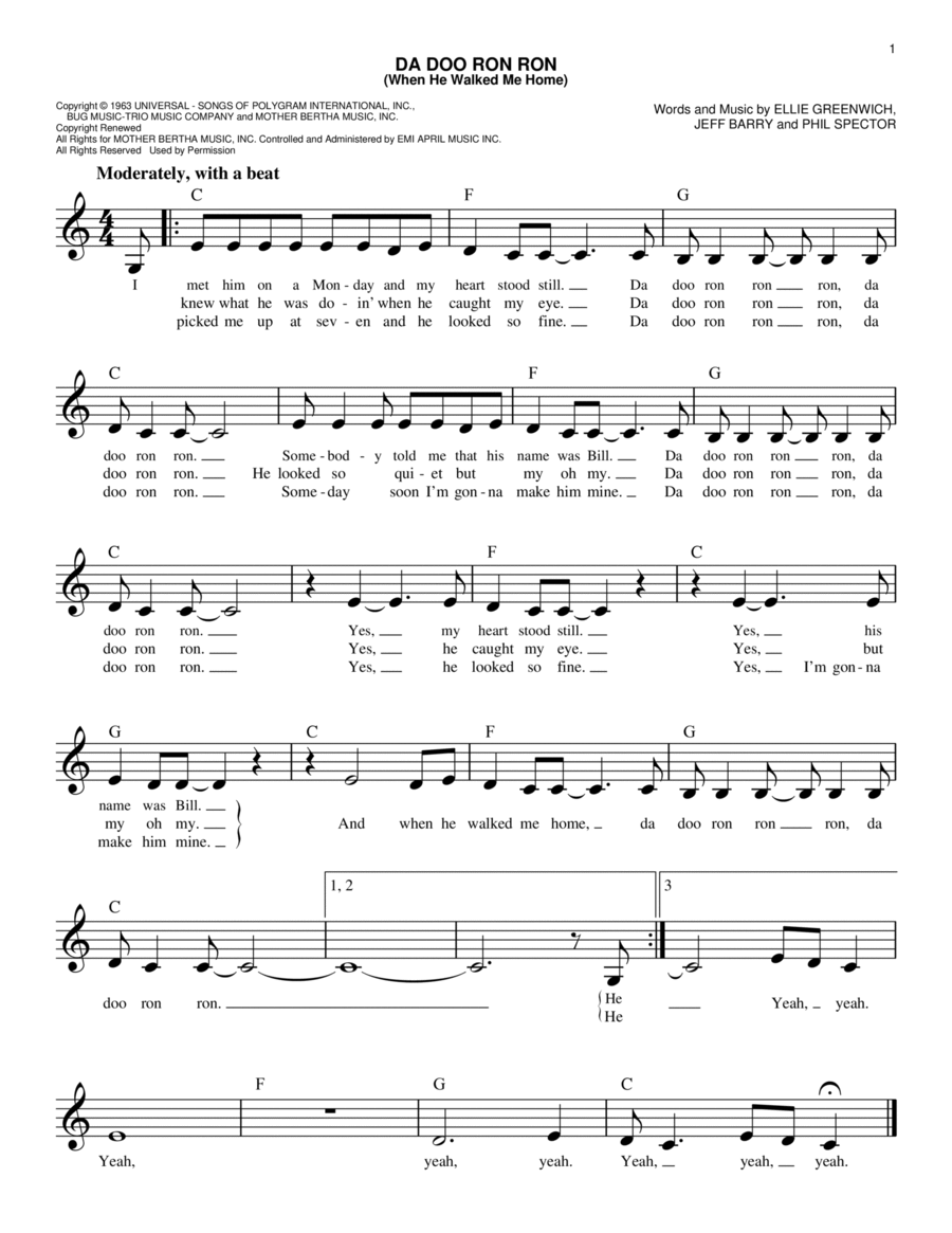 Da Doo Ron Ron (When He Walked Me Home) Piano scores gallery preview page 1