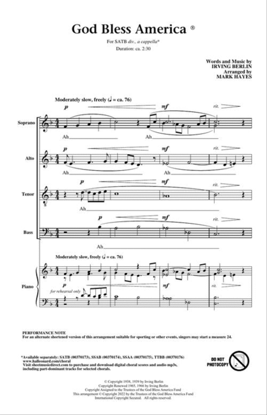 God Bless America 4-Part scores gallery preview page 3