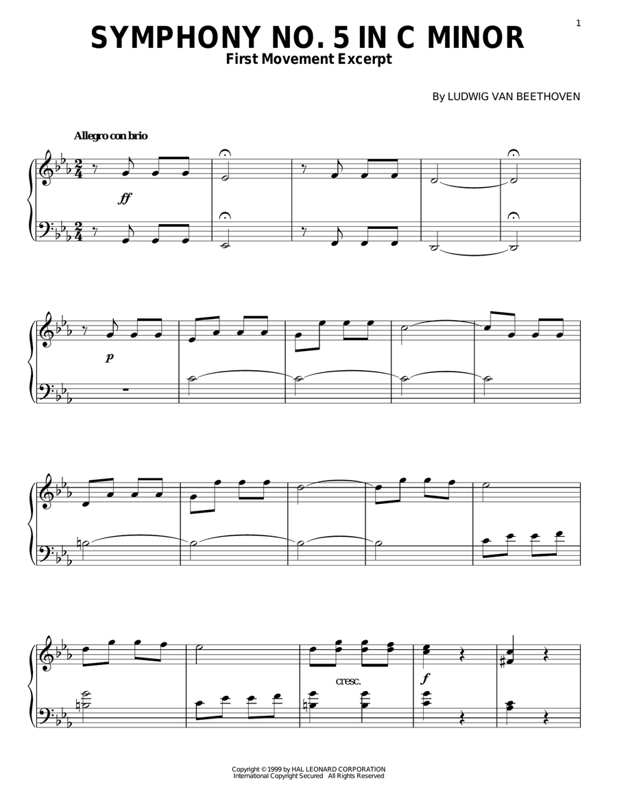 Symphony No. 5 in C Minor, First Movement Excerpt Piano Solo scores gallery preview page 1