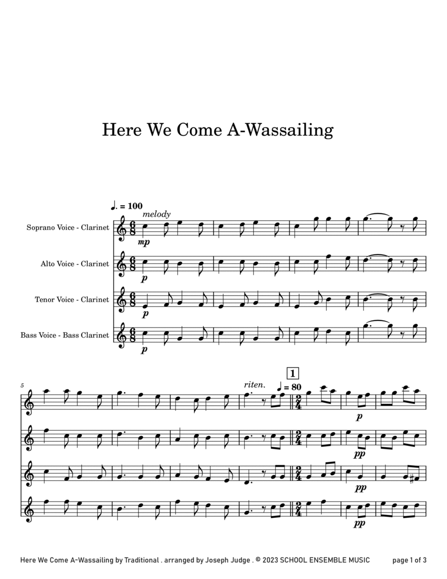 Here We Come A-Wassailing for Clarinet Quartet in Schools Clarinet Quartet scores gallery preview page 1