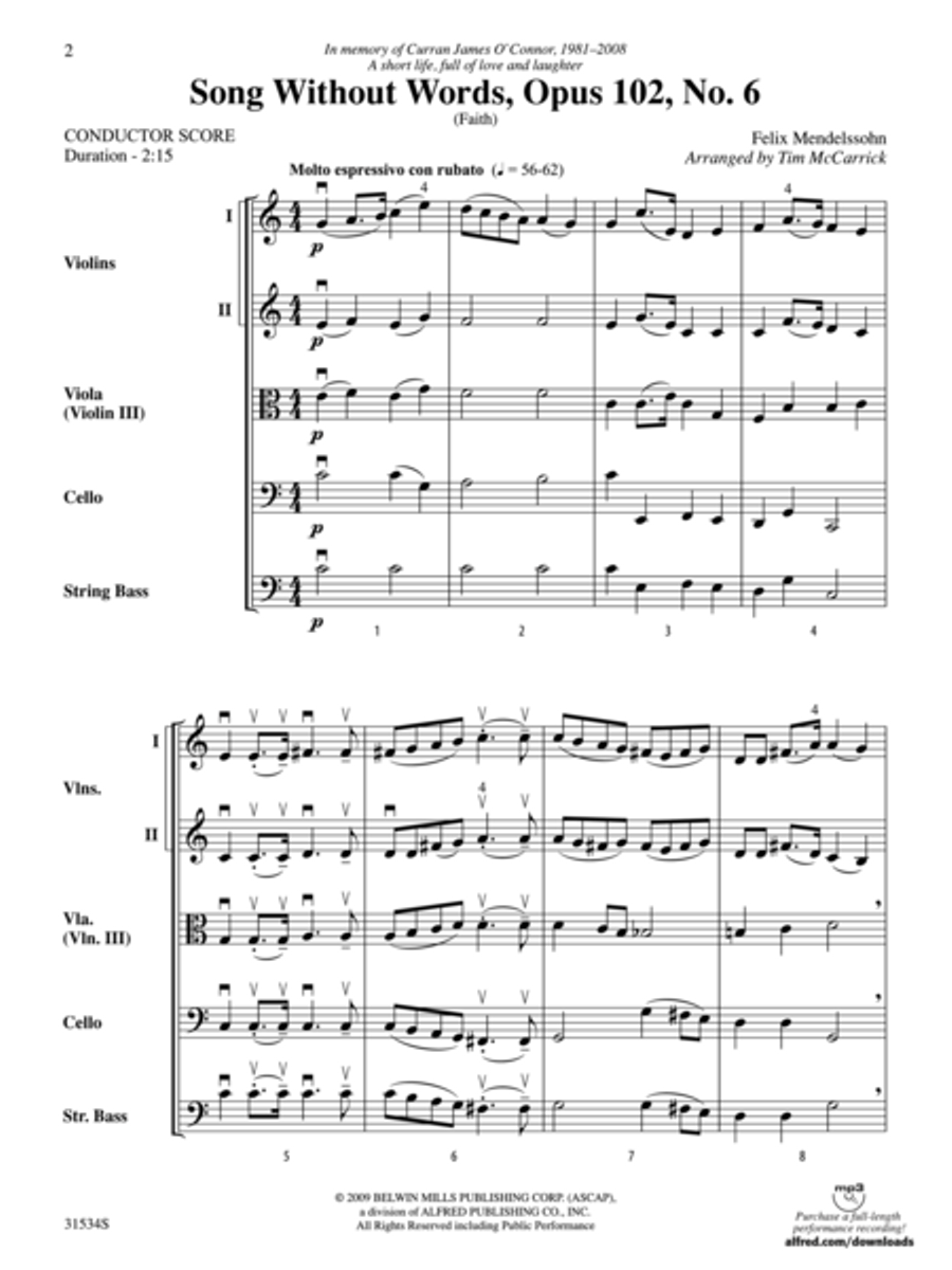 Song Without Words, Opus 102, No. 6 (Faith) (score only) String Orchestra scores gallery preview page 2