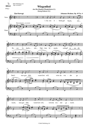 Wiegenlied, Op. 49 No. 4 (Original key. E-flat Major)