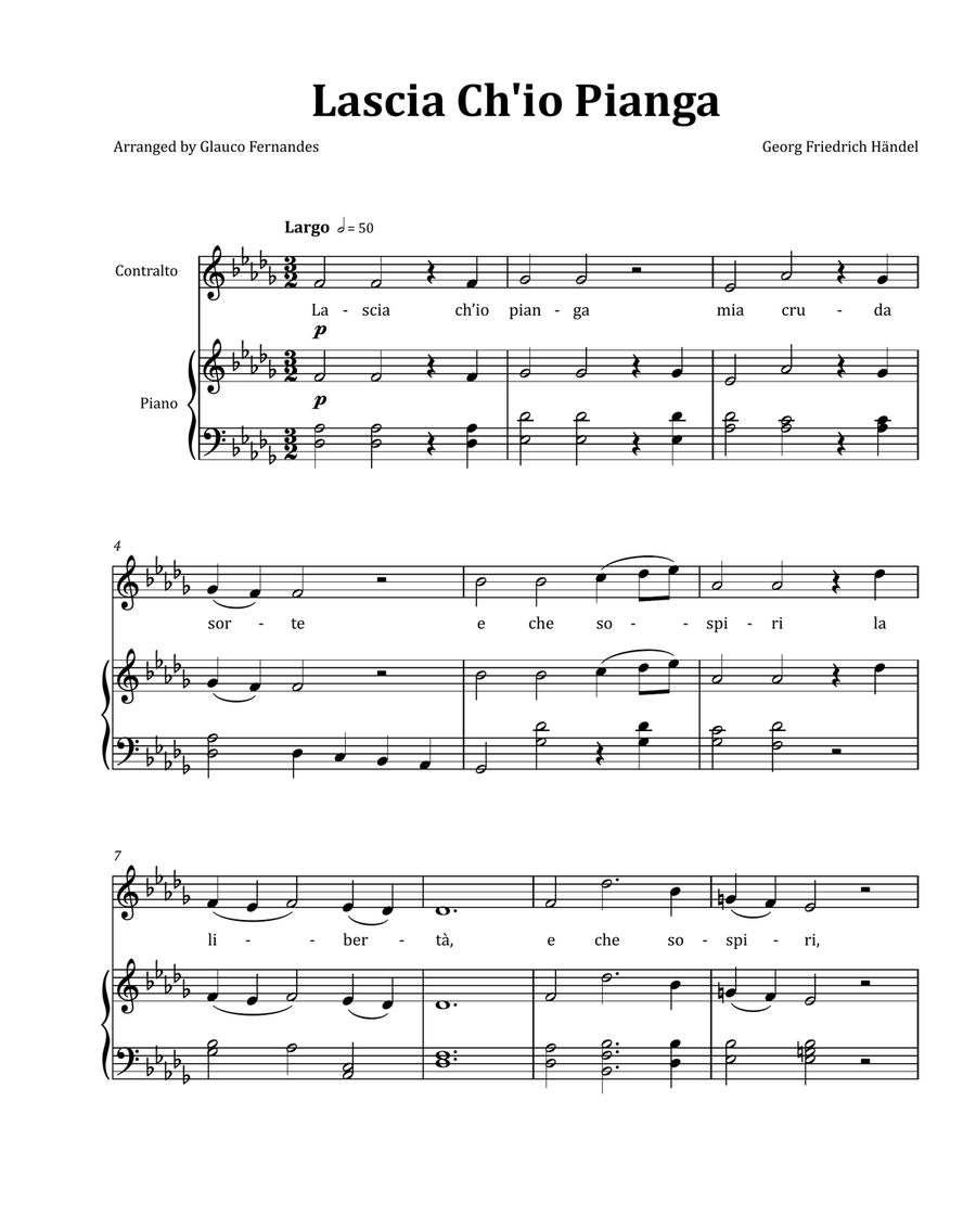 Lascia Ch'io Pianga by Händel - Contralto & Piano in D-flat Major Chamber Music scores gallery preview page 1