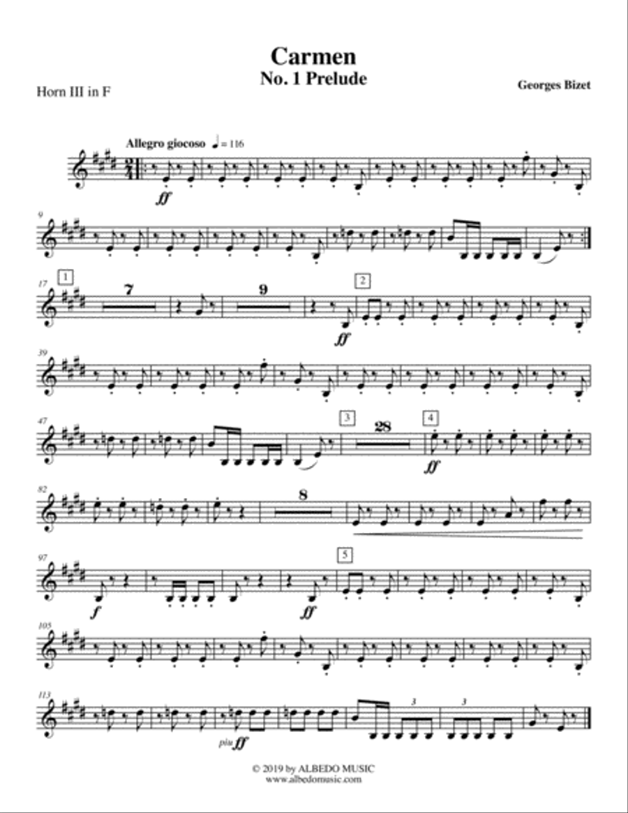 Carmen, No. 1 Prelude - Horn in F 3 (Transposed Part) Horn Solo scores gallery preview page 1
