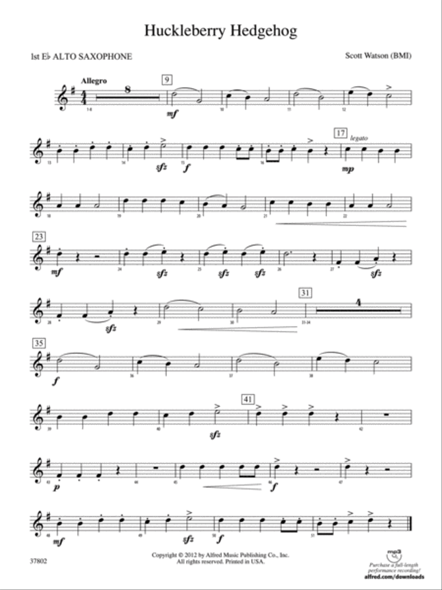 Huckleberry Hedgehog: E-flat Alto Saxophone Concert Band scores gallery preview page 1