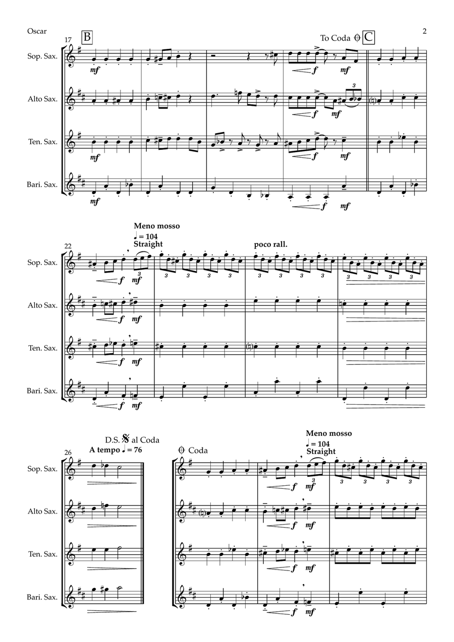 Oscar - The Great Thinker from The Cat Suite (saxophone quartet - SATB) Saxophone Quartet scores gallery preview page 2