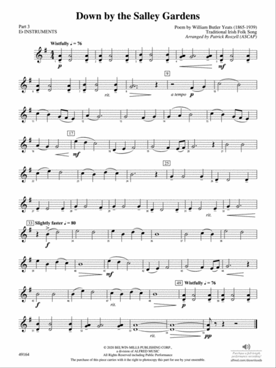 Down by the Salley Gardens: Part 3 - E-flat Instruments Concert Band scores gallery preview page 1