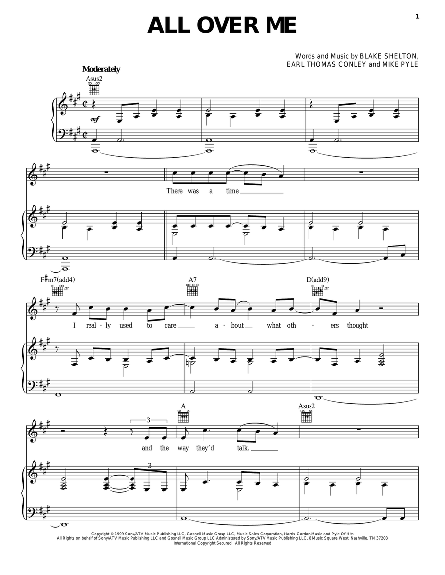 All Over Me All Over Me Piano, Vocal, Guitar scores gallery preview page 1