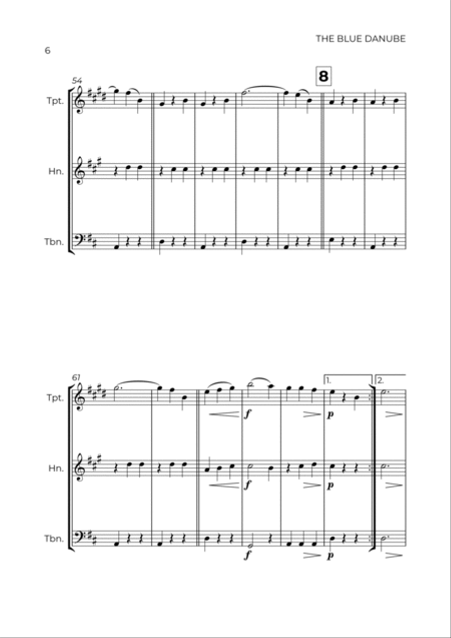 THE BLUE DANUBE - JOHANN STRAUSS - BRASS TRIO (TRUMPET, HORN & TROMBONE) Brass Trio scores gallery preview page 6