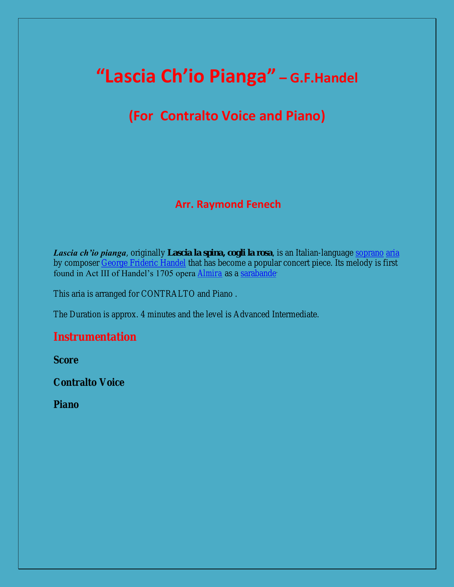 Lascia Ch'io Pianga - From Opera 'Rinaldo' - G.F. Handel ( Contralto Voice and Piano) Alto Voice scores gallery preview page 2