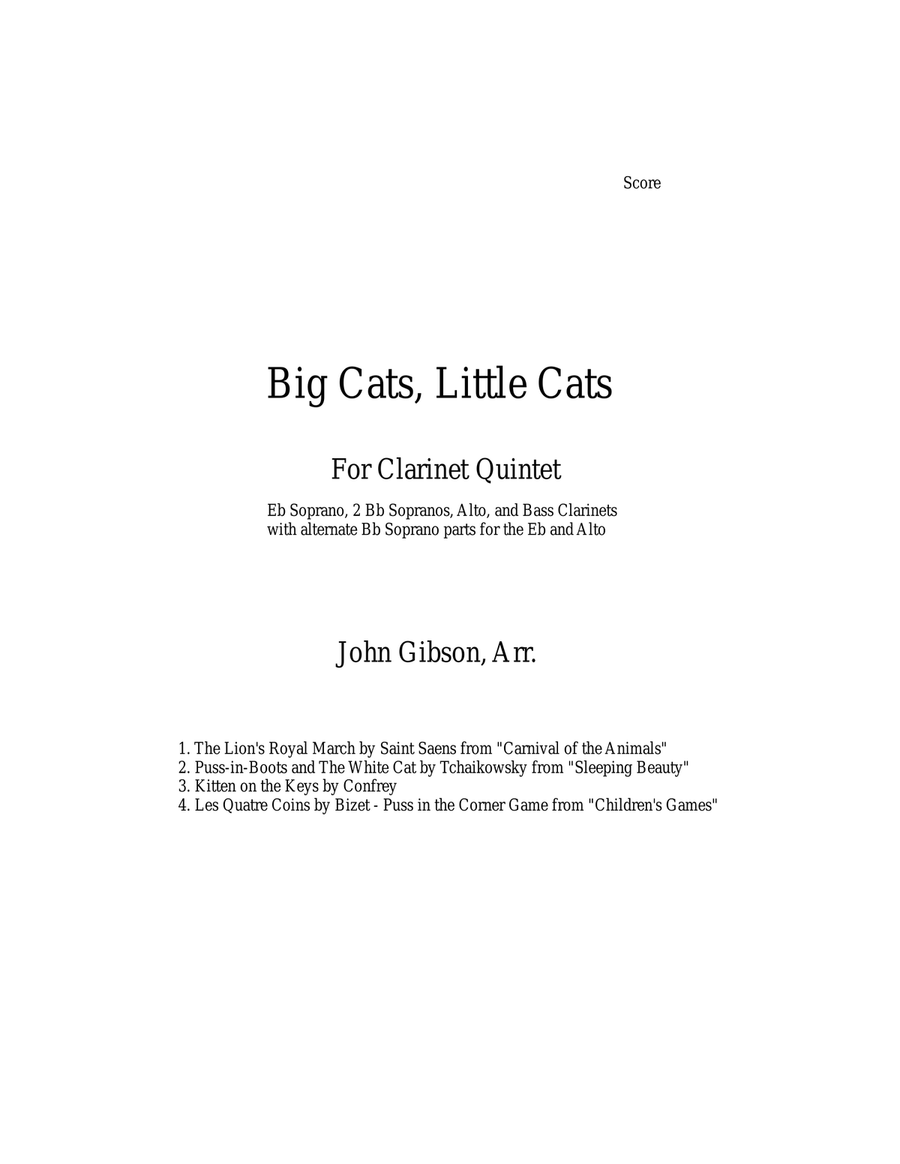 Clarinet Quintet or choir - Big Cats, Little Cats Clarinet Quintet scores gallery preview page 1