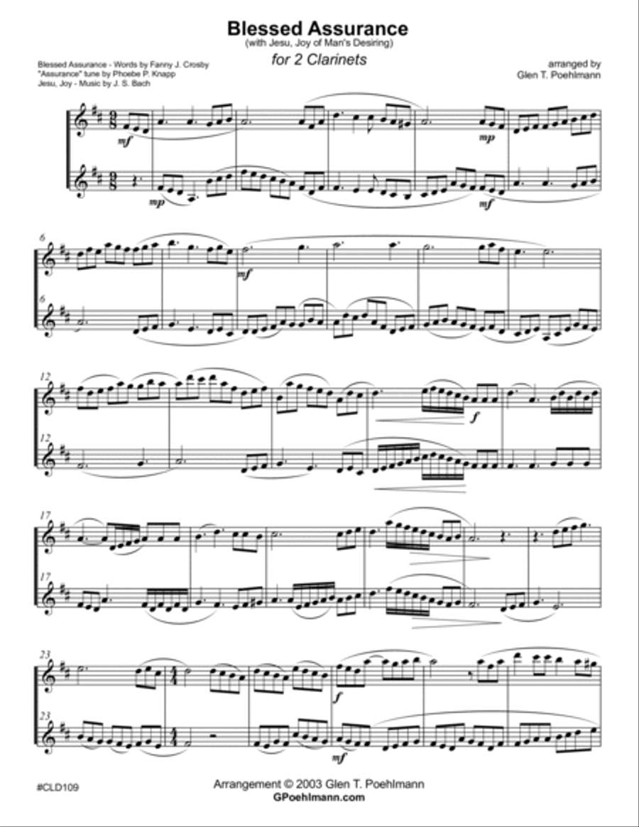 BLESSED ASSURANCE & JESUS JOY OF MAN'S DESIRING - CLARINET DUET (unaccompanied) Clarinet Duet scores gallery preview page 1