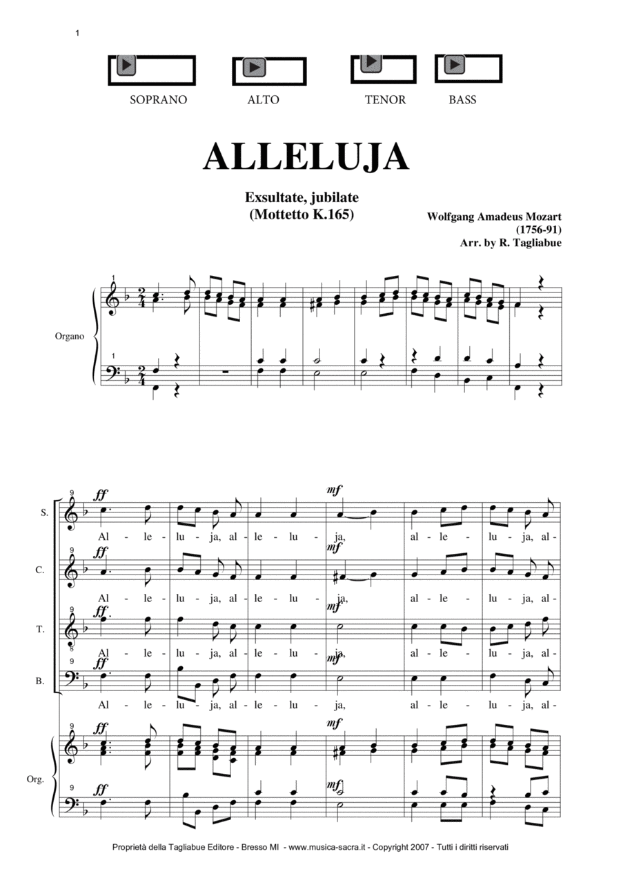 ALLELUJA (Exsultate, jubilate K.165) W.A.Mozart - Arr. for SATB Choir and Organ 4-Part scores gallery preview page 1