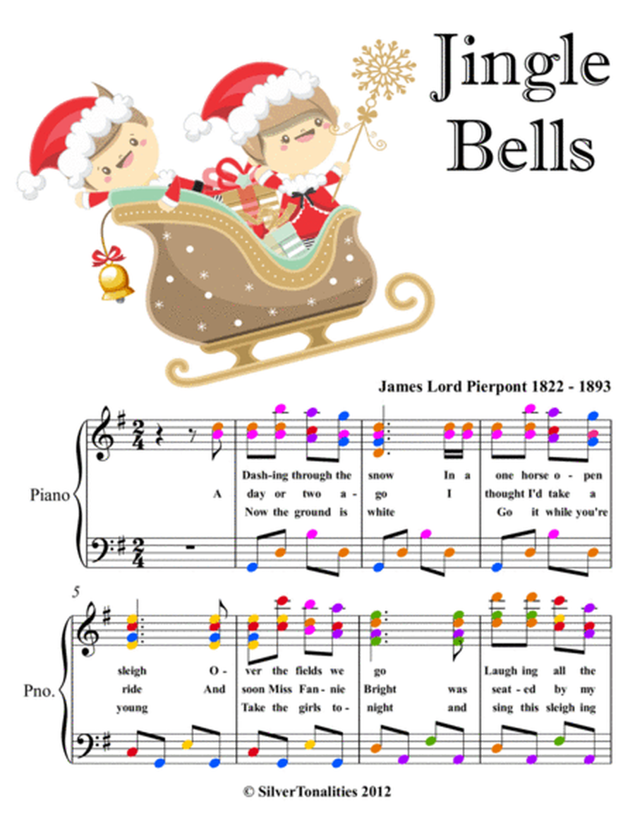 Jingle Bells Easy Intermediate Piano Sheet Music with Colored Notation