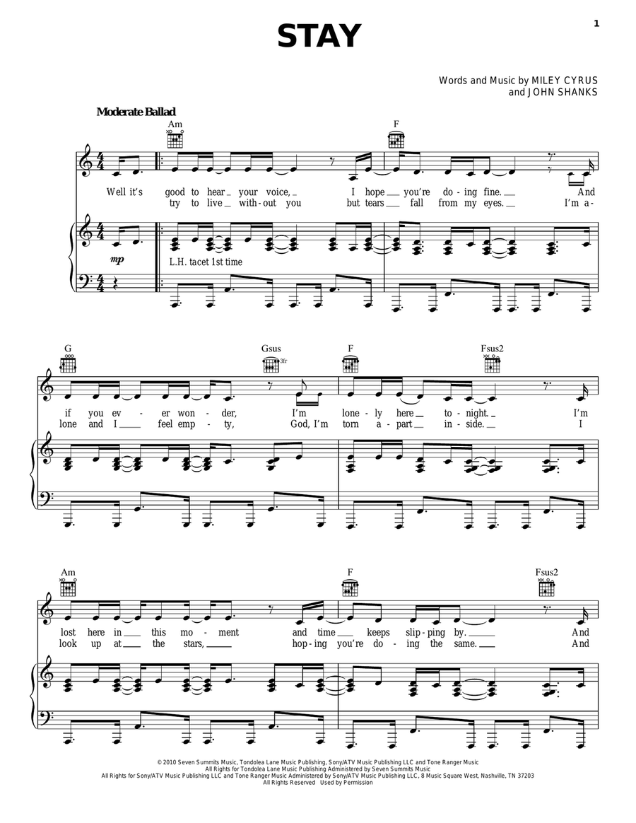 Stay Piano, Vocal, Guitar scores gallery preview page 1