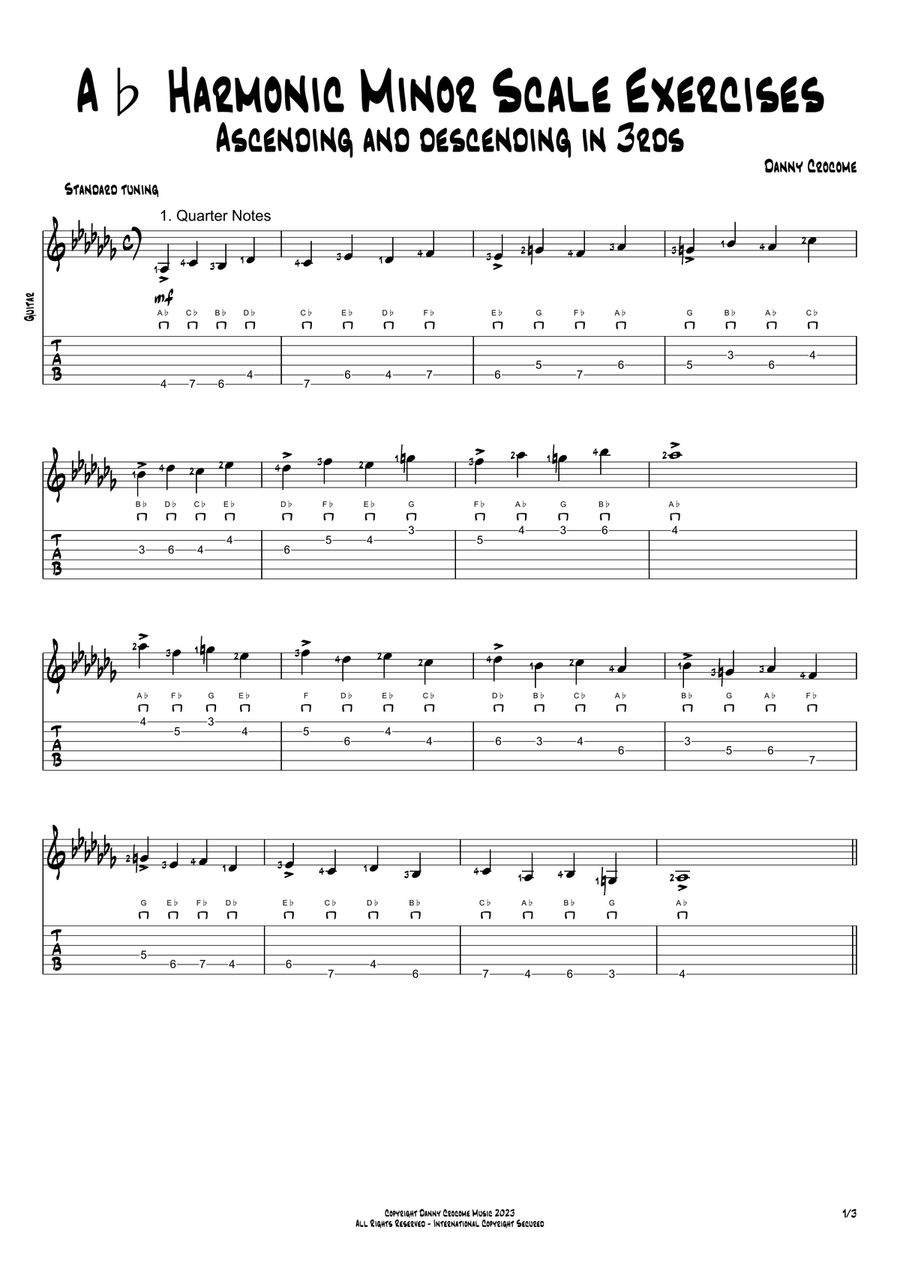 Ab Harmonic Minor Scale Exercises - Ascending and Descending in 3rds Acoustic Guitar scores gallery preview page 1
