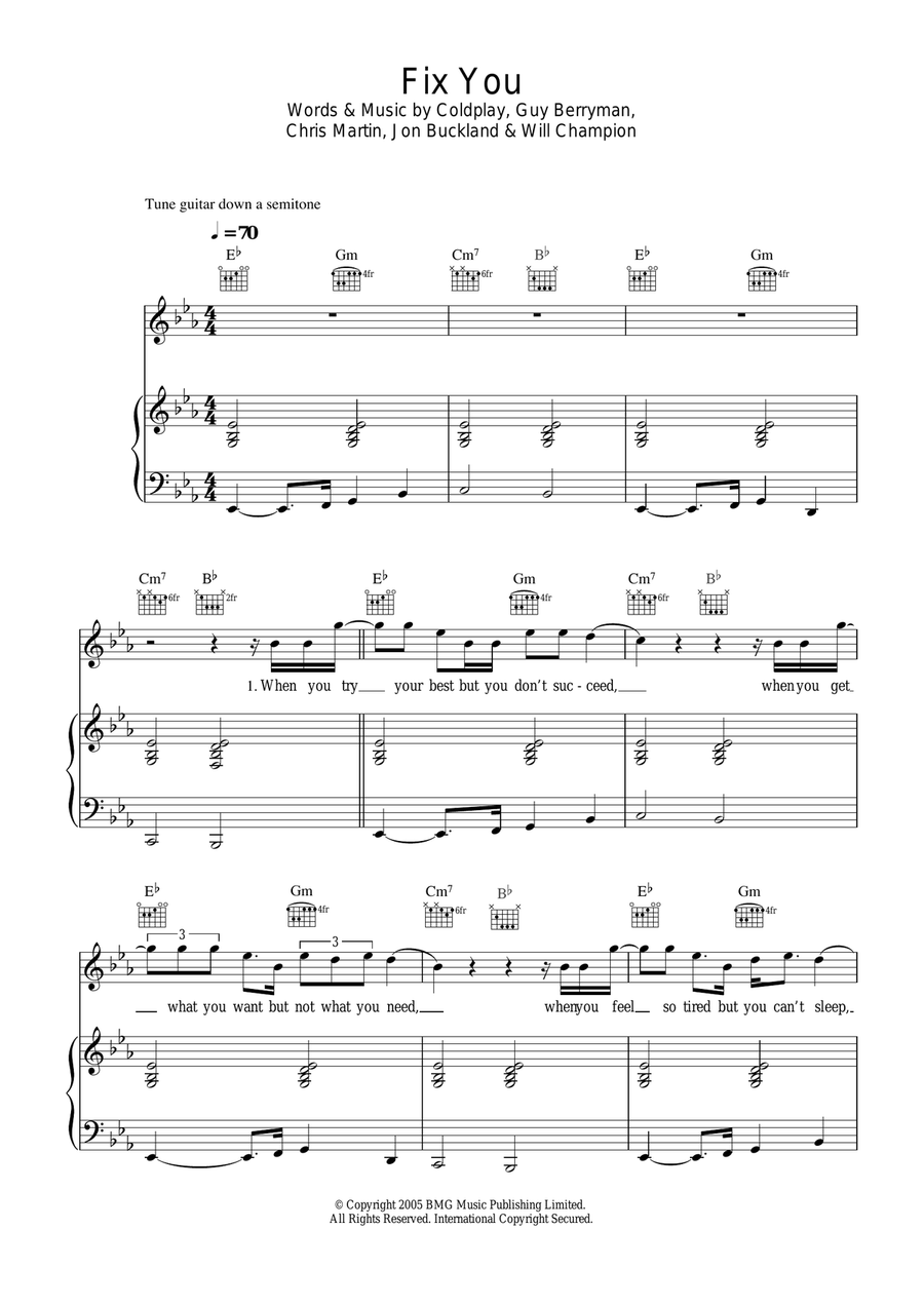Fix You Piano, Vocal, Guitar scores gallery preview page 1