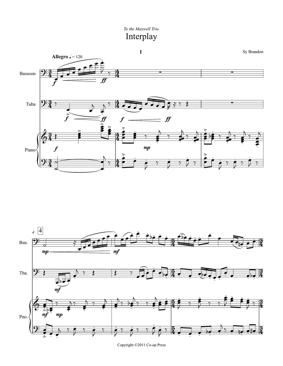 Interplay for Bassoon/Trombone/Euphonium, Tuba/Bass Clarinet and Piano Small Ensemble scores gallery preview page 1