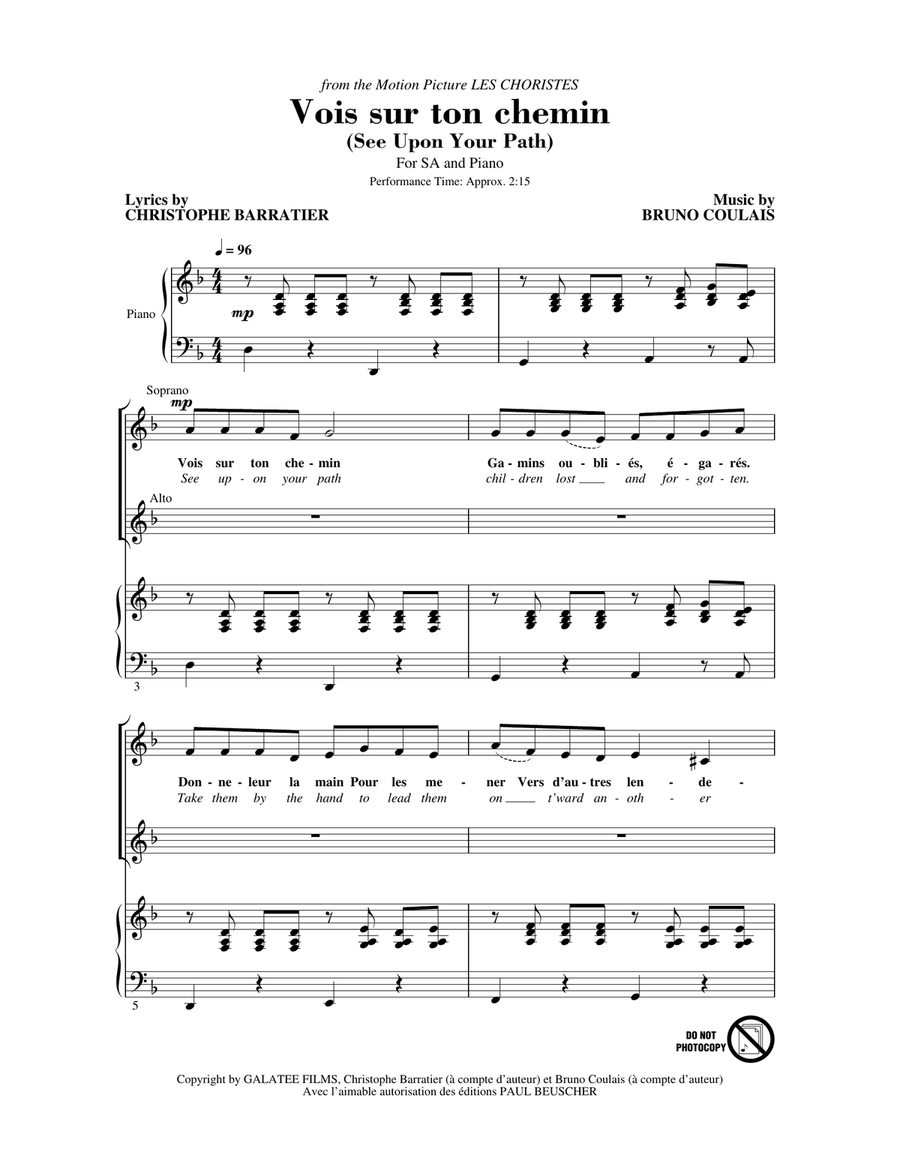 Vois sur ton chemin (See Upon Your Path) (from Les Choristes) 2-Part scores gallery preview page 1