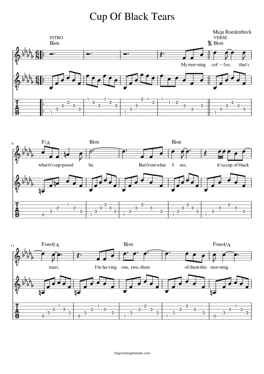Maja Roedenbeck | Cup of Black Tears | Lovesong | Original Composition | Guitar Tab & Chords Classical Guitar scores gallery preview page 1