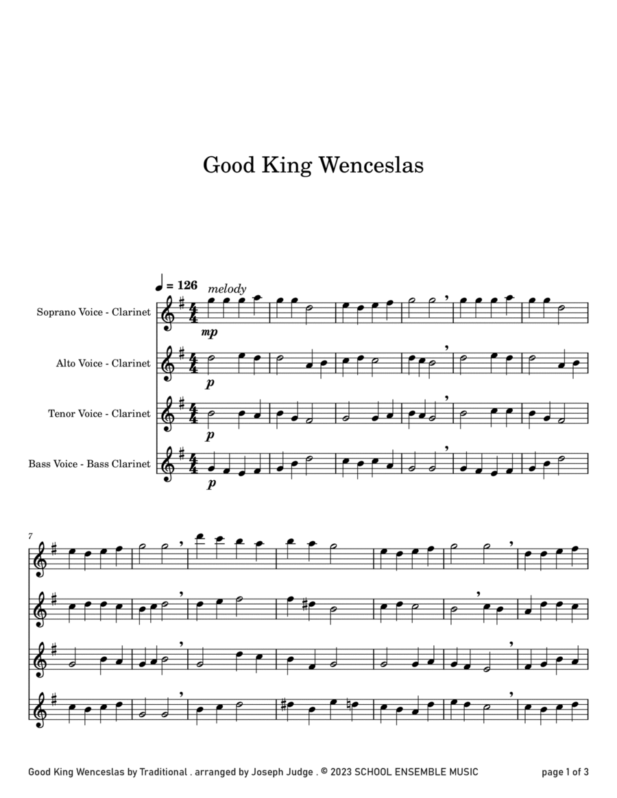 Good King Wenceslas for Clarinet Quartet in Schools Clarinet Quartet scores gallery preview page 1