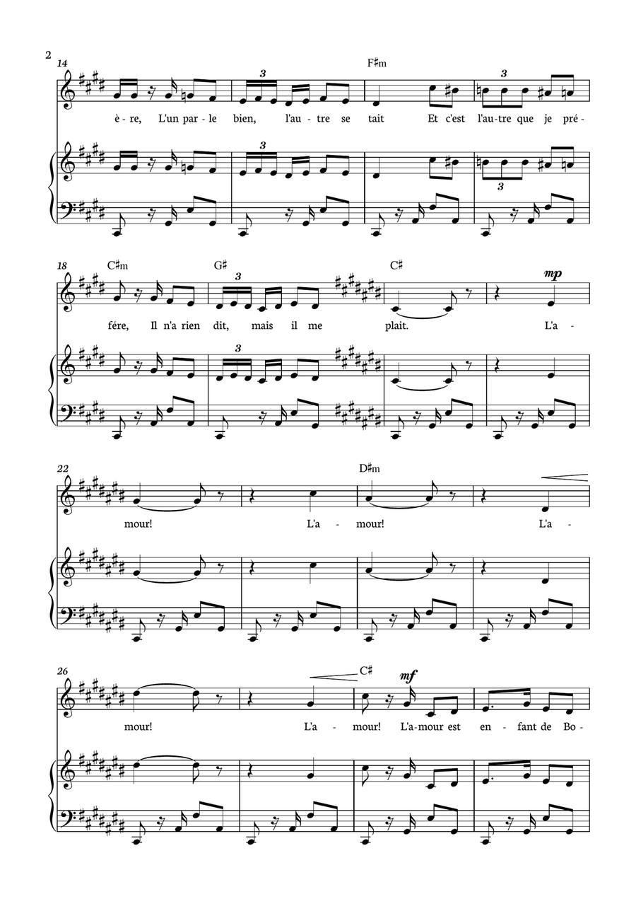 Habanera - Carmen for piano, chords and voice in C# minor. Piano, Vocal scores gallery preview page 2