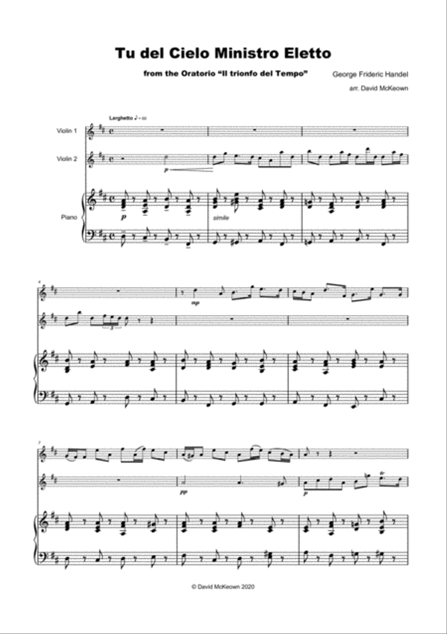Tu del ciel ministro eletto, Aria by G F Handel, for Two Violins and Piano String Duet scores gallery preview page 2