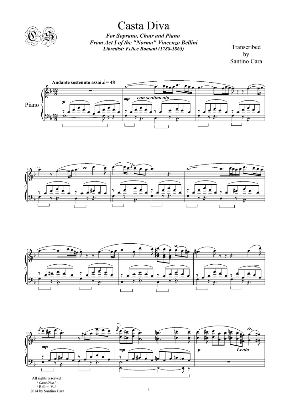 Bellini-Norma (Act1) Casta Diva - Soprano solo, Chorus SSTB) and Piano Choir scores gallery preview page 1