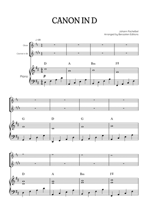Pachelbel Canon in D • oboe & clarinet duet sheet music w/ piano accompaniment [chords]