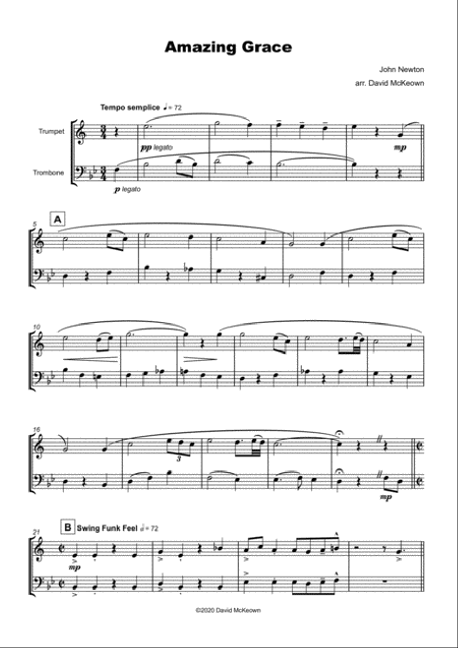Amazing Grace, Gospel style for Trumpet and Trombone Duet Brass Duet scores gallery preview page 2