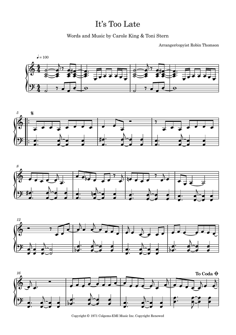 It's Too Late Piano Solo scores gallery preview page 1